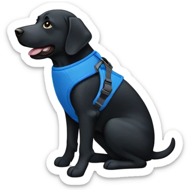 black lab with a blue harness sticker