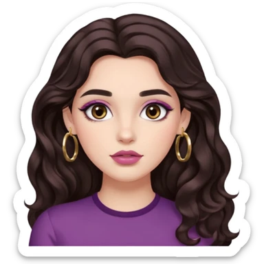 Woman with long dark brown wavy 2b hair, big brown eyes, thick brows, fair/light-medium skin, rosy blush, glossy mauve lips, gold hoops, and soft natural glam makeup. sticker