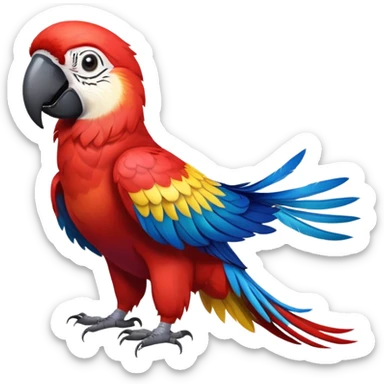 cinematic-macaw-realistic-full-body-standing-emoji,-vibrant-feathers-glowing-with-rich-reds,-blues,-and-yellows,-head-tilted-dramatically,-curved white-beak-gleaming,-piercing-dark-eyes-exuding-confidence,-simplified-yet-realistic-focused sticker