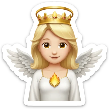 Emoji-style angel: blonde hair, golden flame crown, halo, large detailed wings, white dress, visible feminine body shape, cute smooth emoji look. sticker
