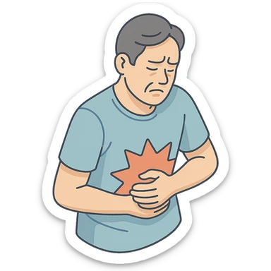 detailed 2D isometric illustration of a person (patient) with stomach pain, chest up, close-up, holding stomach, expression of severe pain, soft rounded shapes, shadows and highlights, clean contours, pastel palette, modern illustration, transparent background sticker