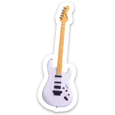 White electric guitar with sleek shiny body, black strings, and smooth neck sticker