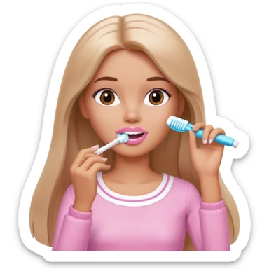 A white Barbie girl with long brown straight hair in pale pink clothes brushes her teeth sticker