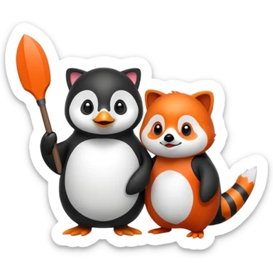 A cartoon  cute cartoon penguin. Next to it is a cartoon red panda holding its flipper  sticker