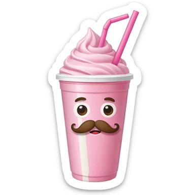 strawberry milkshake in a take-out cup with mustache sticker