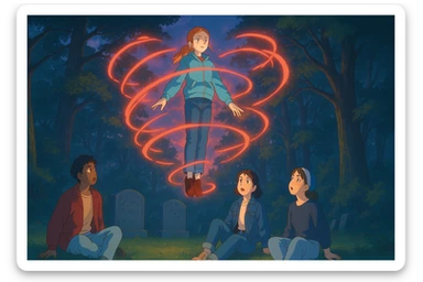 Max from Stranger Things levitating with supernatural red energy swirling around her, friends in awe, Ghibli style, wide aspect ratio (16:9), intense and mystical atmosphere. sticker