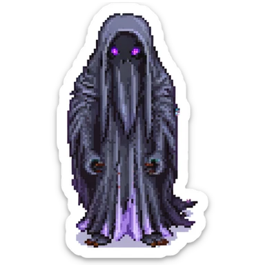 a mysterious black tall ghost with long hair hiding shiny purple eyes, pixel art style sticker