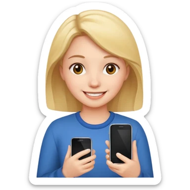 a girl holding a smartphone, smiling sticker