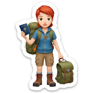 red haired Traveler character with passport, backpacker,  sticker