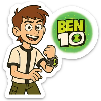 Ben 10 logo, stylized with glowing green effects, modern cartoon look sticker