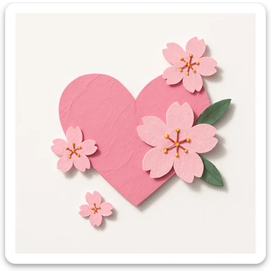 pink heart with sakura flowers, paper craft style, textured and layered sticker