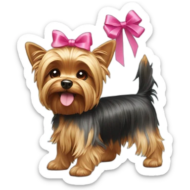 yorkshire terrier standing on his back paws with a ribbon on his head sticker