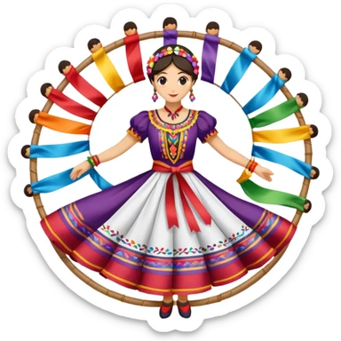 Icon for Folk Dance: close-up traditional dance dress, shoes, colorful folk costumes and a dance circle with ribbons. The icon should represent the vibrant and cultural aspects of folk dancing. Transparent background. sticker