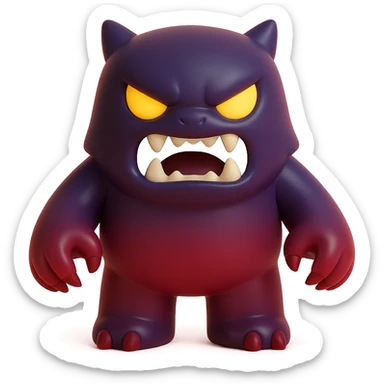 angry monster with sharp claws, glowing eyes, fierce snarl, dark purple and red palette sticker