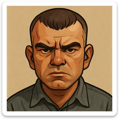 close-up face of Carl from Sling Blade, furrowed brow, iconic haircut, stylized character, neutral background sticker