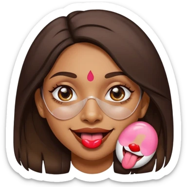 make a tongue sticking out expression for this indian girl that has transparent under ey patches sticker