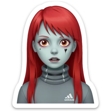 Crie um emoji de uma menina zumbi  com o cabelo vermelho longo com uma franja reta casaco de gola alta da adidas sticker
