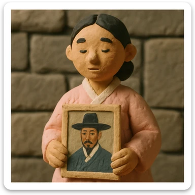 a young woman in a pale pink, sheer hanbok holding a traditional Korean portrait in front of a grey stone wall, claymation style sticker