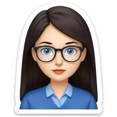 long dark hair, blue eyes, glasses teacher female, eyelashes sticker