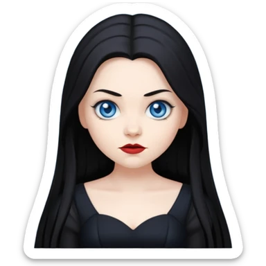 Amy Lee as an emoji, gothic style, long dark hair, blue eyes, black dress, expressive face, simple and iconic sticker