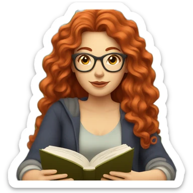 White woman with long curly red hair reading a book with a glass of wine in a park sticker