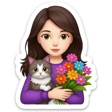 brunette woman holding bouqet and cat sticker