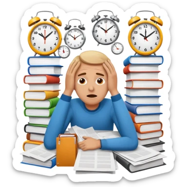 overwhelmed person surrounded by stacks of papers and clocks, drowning in routine and monotonous tasks, expressive and vibrant sticker