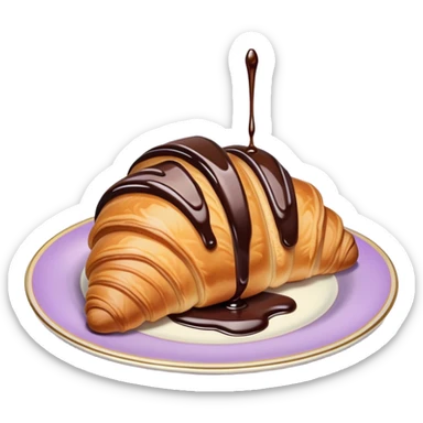 There's a croissant with chocolate syrup in a vintage pale purple plate. sticker