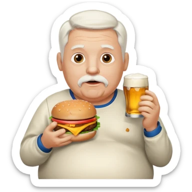 Old white male with white hair with a goatee and beer belly eating a hamburger  sticker