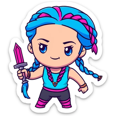 Jinx from League of Legends with long blue braids, pink eyes, and weapons sticker