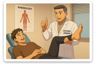 su questo lettino rappresenta un webtoon manga a colori con questo stile, in cui un uomo è steso sul lettino medico e il kinesiologo con il camice bianco (fagli anche la scritta "ANTONIO ANANIA" SUL CAMICE, gli solleva una gamba per fargli il test neuromuscolare, IL KINESIOLOGO SPIEGA ALL'UOMO UNA cosa mentre gli alza la gamba. l'espressione dell'uomo è felice e soddisfatta, non fare i fumetti però, fai solo in modo che sembri stiano parlando sticker