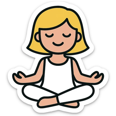 a blonde girl with a short haircut in a white dress sitting in a lotus position and meditating with a background sticker