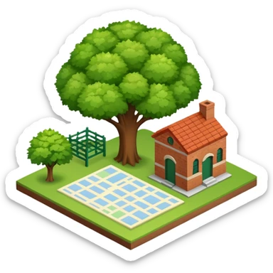 An icon featuring a local map, and regional landmarks, symbolizing local gardening. The design includes a tree, and 1 building, representing the unique geography and culture of a specific area. Transparent background highlights the exploration of local history and environment. sticker