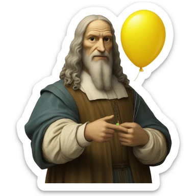 leonardo da Vinci holds a yellow balloon in his hand sticker