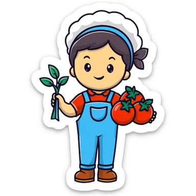 Child gardener with ribbon and prize tomatoes sticker