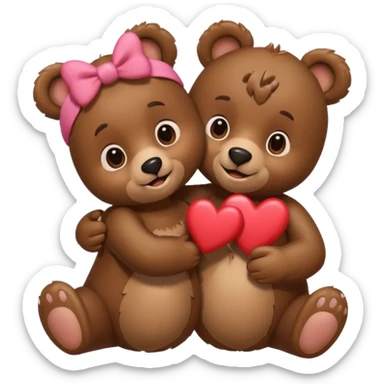 female bear with bow on her head and male bear hugging, couple, surrounded by hearts, playful and loving, cute, same height  sticker