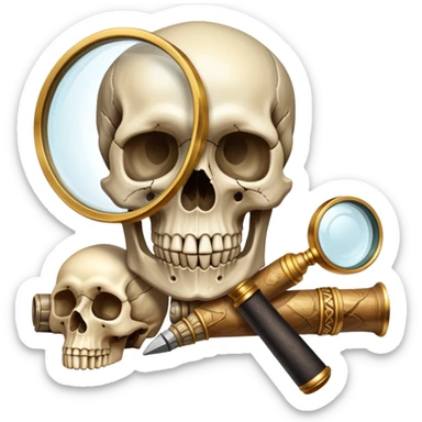 An icon showing a skull and ancient artifacts, representing anthropology. The design features a magnifying glass examining bones, fossils, and cultural symbols, symbolizing the study of human evolution and societies. Transparent background emphasizes the academic and exploratory nature. sticker