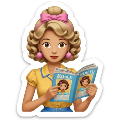 mujer en la peluquería con rulos en la cabeza y leyendo una revista, estilo vintage sticker