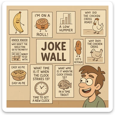flat toon style wall of jokes, a western adult animation cartoon style scene of a wall covered with various humorous illustrations and jokes sticker