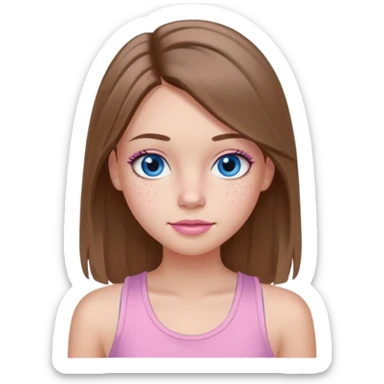 Create a TEENAGE girl with LONG and straight light brunette hair with a MIDDLE PART, light skin, light freckles, and blue-gray eyes. She will have pink lips and LONG eyelashes. She will be wearing a light pink tank top sticker