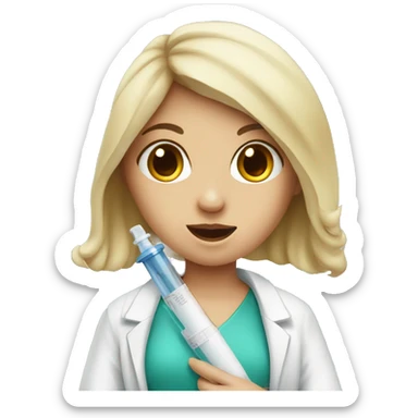 a girl in a medical gown with a syringe sticker