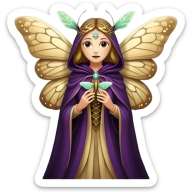 mystical woodland woman dressed as moth queen, velvet wing cloak, glowing dust sticker
