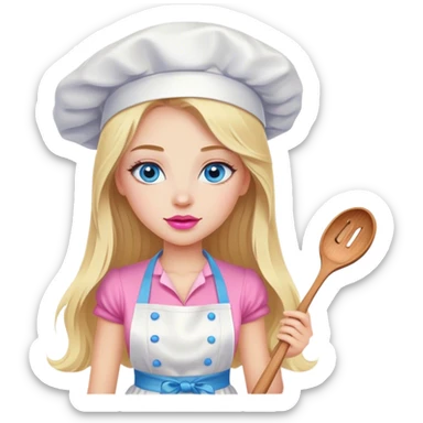 Cinematic realistic beautiful blonde with long hair, blue eyes and pink lips in a white dress cooks sticker
