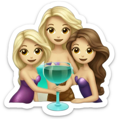Three beautiful mermaids (one blond and two brown hair) drinking wine sticker