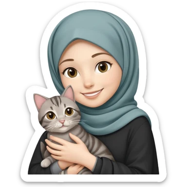 White girl wearing hijab smiling while holding a black grey tabby cat sticker