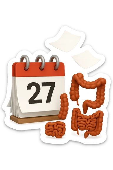 emoji stile iphone di un calendario con fogli che volano insieme a pezzi anatomici di colon umano, iperrealistico 4k, isolato su sfondo bianco sticker
