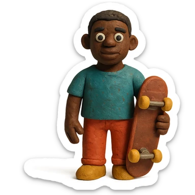 matte plasticine claymation style black man holding a skateboard sticker