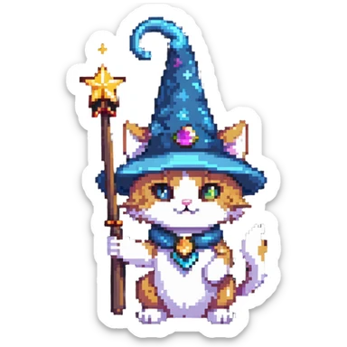 wizard cat with a pointy hat and magic wand sticker