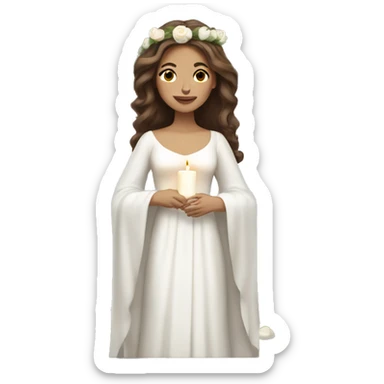 brown haired women with white gown with long sleeves and spuce wreath with white candles on head sticker