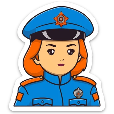 Female Russian police officer with traditional Russian police fur hat and blue uniform sticker